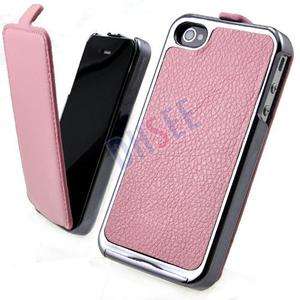   Deluxe Pink iPhone 4 4TH 4S Flip Leather Chrome Hard Case Cover  