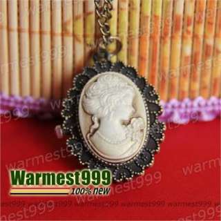 Antique Bronze Vintage Queen Head Quartz Pocket Watch Pendant Necklace 