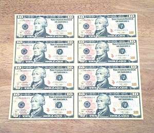   SHEET OF 8   $10 BILLS NOTES DOLLARS MONEY CURRENCY UNC GEM GIFT *WOW