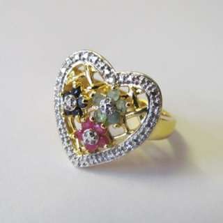 HEART SHAPE RING WITH RUBIES, SAPPHIRES AND EMERALDS,925 SILVER NOT 