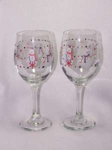 Christmas Snowman Wine Goblets Glasses Libbey Glass  
