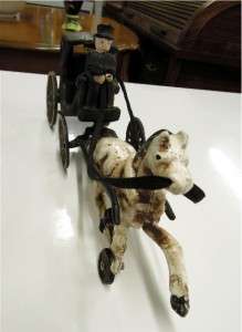 DECORATIVE ANTIQUE CAST IRON HORSE DRAWN CARRIAGE WITH DRIVER AND 