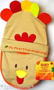   Essentials 2pc Set Babys First Thanksgiving Turkey Hat & Feeder Bib