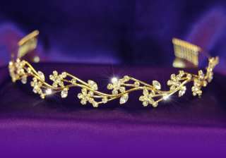 Bridal Wedding Flower Crystal Gold Plated Tiara T1068  