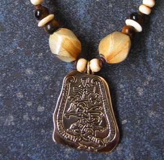 Wikinger Kette Perlenkette m. Runenstein Amulett BRONZE  