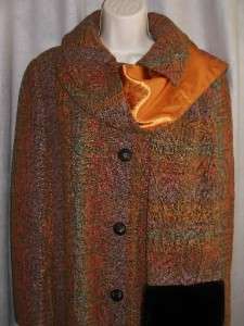 BETTY ROSE Womens M Vintage Orange Tweed Faux Fur Long Winter Jacket 