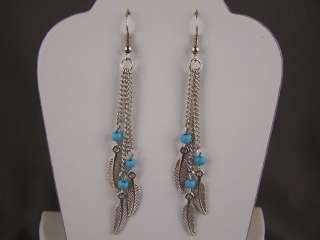   triple feather 3 chain dangle long earrings silver tone  