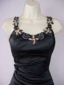   Black Beaded Ruched Stretch Satin Cocktail Evening Dress 10 NWT  