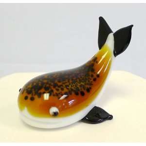  Glass Art Figurine, Glass Animal   Whale. Amber Glass with Dark Dots 
