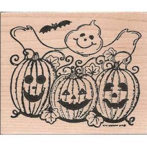 Jack o lanterns and Happy Ghost Wood Mounted Rubber Stamp (M8118)