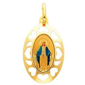 14K Yellow Gold Religious Blessed Virgin Mary Enamel Picture Charm 