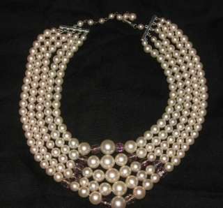 Vtg 5 Strand 1950s Faux PEARL and CRYSTAL Bib NECKLACE  