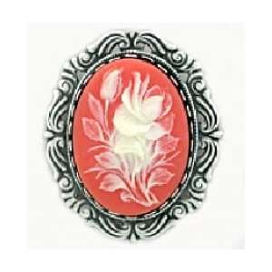  Antique Silver Plated Pink Cameo Flowers Pin Womens 