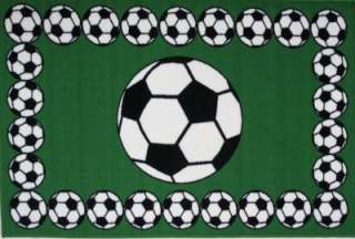 Green White Soccer Ball Pattern Fun Kid Nylon Area Rug  