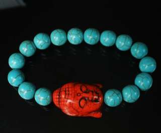   Red Buddhist Buddha Head Bead Ball Blue Beads Stretch Bracelet  