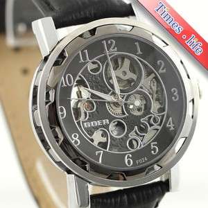   Black Steel Skeleton Automatic Mechanical Mens Watch Leather US