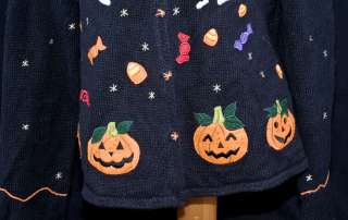   BOO Halloween Trick or Treat Ghosts Candy Cardigan Sweater Womens Sz M