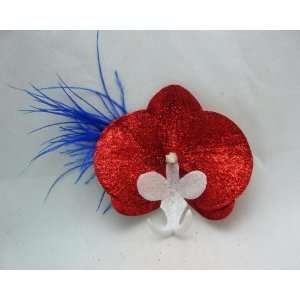 NEW Red White and Blue Glitter Orchid Hair Flower Clip with Feathers 