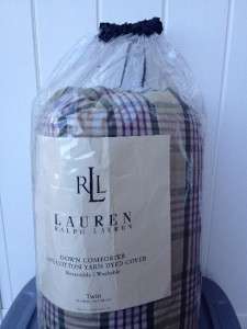 Ralph Lauren twin down comforter reversible plaid tan green purple nip 