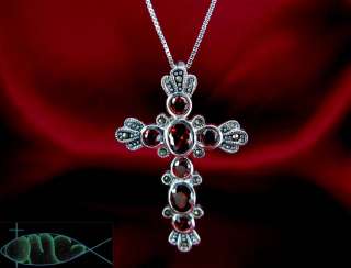 Large Sterling Silver Garnet & Marcasite Cross Pendant/Necklace  