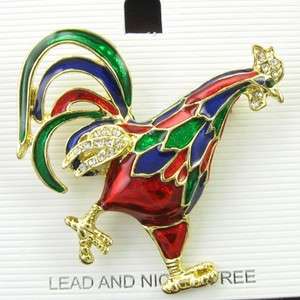 Chicken Rooster Farm Animal Color Stone Crystal Costume Brooch Pin 