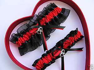 DOUBLE HEART Wedding Garters RED / Black Garter  