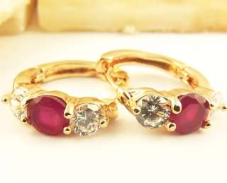 Ladys Pretty Ruby&White Gems 14k Real Rose Gold Filled Hoop Earrings 
