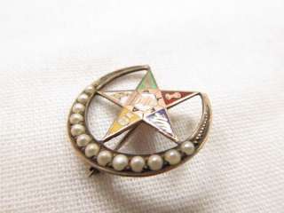 Vintage Gold Crescent Moon Seed Pearl Eastern Star Masonic Pin  