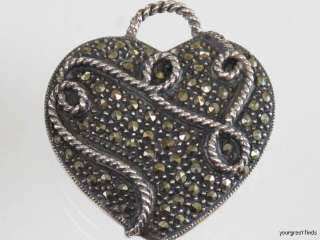   VINTAGE STERLING SILVER & MARCASITE DOUBLE SIDED HEART SHAPED PENDANT