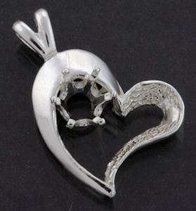   Round Semi Textured Heart Shape Sterling Silver Pendant Setting  