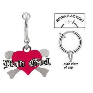 Fake Belly Navel Non Clip on Bad Girl Red Heart w/ Crossboness dangle 