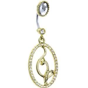    Baby Phat Gold Tone Crystal Oval Cat Drop Belly Ring Jewelry