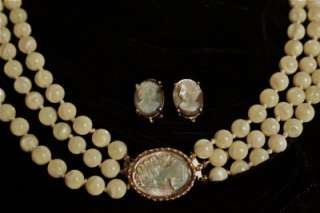 VTG CAMEO & PEARLS OPALESCENT NECKLACE & CLIP EARRINGS  