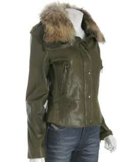 Andrew Marc dark green leather fur trim jacket  BLUEFLY up to 70% off 