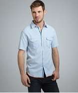 Arnold Zimberg powder blue linen blend pocket front short sleeve shirt 