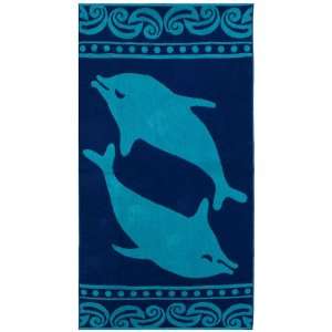 Dolphins Navy Turquoise by Cotton Craft   Terry Jacquard Beach Towel 