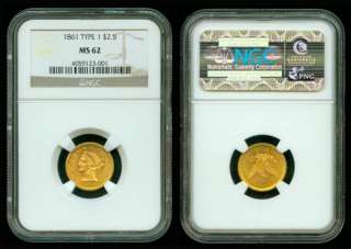 1861 P TYPE 1 ~ OLD REVERSE ~RARE~LIBERTY GOLD COIN~NGC MS62 