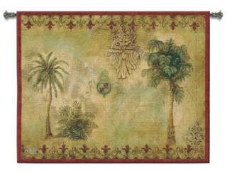 OLD WORLD BURGUNDY TROPICAL PALM TREES ART TAPESTRY WALL HANGING 