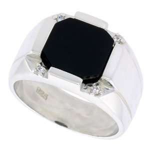   Silver Mens Octagon Black Onyx Ring, w/ 4 CZ Stones 13 Jewelry