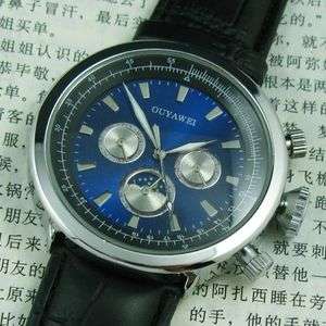 Moon Phase Mens Mechanical Automatic Auto Watch Leather  