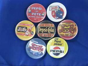 PEPSI COLA BOTTLE CAPS AD COLLECT 7 pinback buttons NNZ  