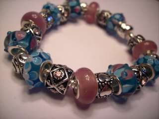 European Style Charm Bracelet Pink Turquois Blue Murano Glass Beads 