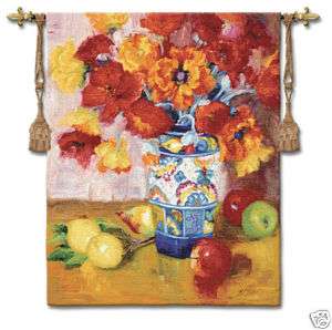 Mexican Vase Red Orange Poppy Fruit Tapestry Wall Decor  