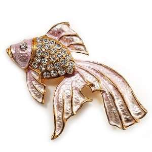  Light Pink Enamel Crystal Fish Brooch (Gold Plated Metal 