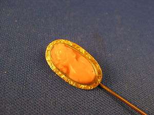 10K Gold ~ CARVED CORAL CAMEO STICK PIN ~ Petite Victorian Stickpin 