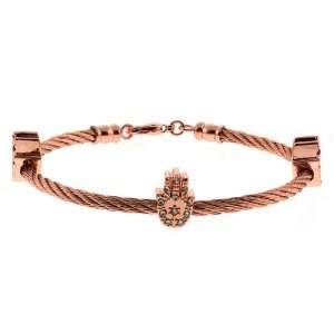 Rose Gold Stainless Steel Judaica Cable Bangle Bracelet With 3 Hamsa 