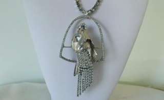   RHINESTONE JELLY BELLY BIRD NECKLACE~PARROT PERCHED in a BIG CAGE~LQQK