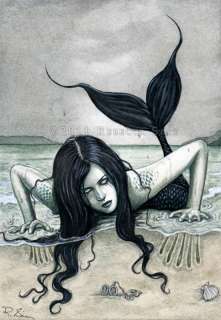 Fantasy PRINT Art Mermaid Gothic Dark Sea Beach Water  