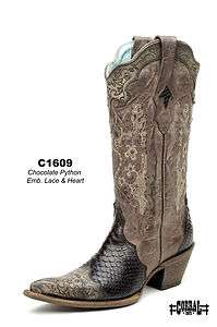 Corral Womens Leather Western Boots Chocolate Python Lace/Heart C1609 