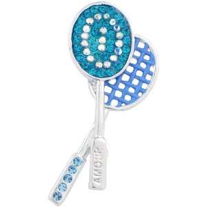 Blue Battlledore Swarovski Crystal Badminton Racket Sports Pin Brooch
